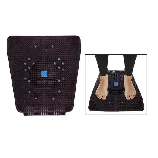 Black acupressure foot mat with raised stud pads and a blue center control block