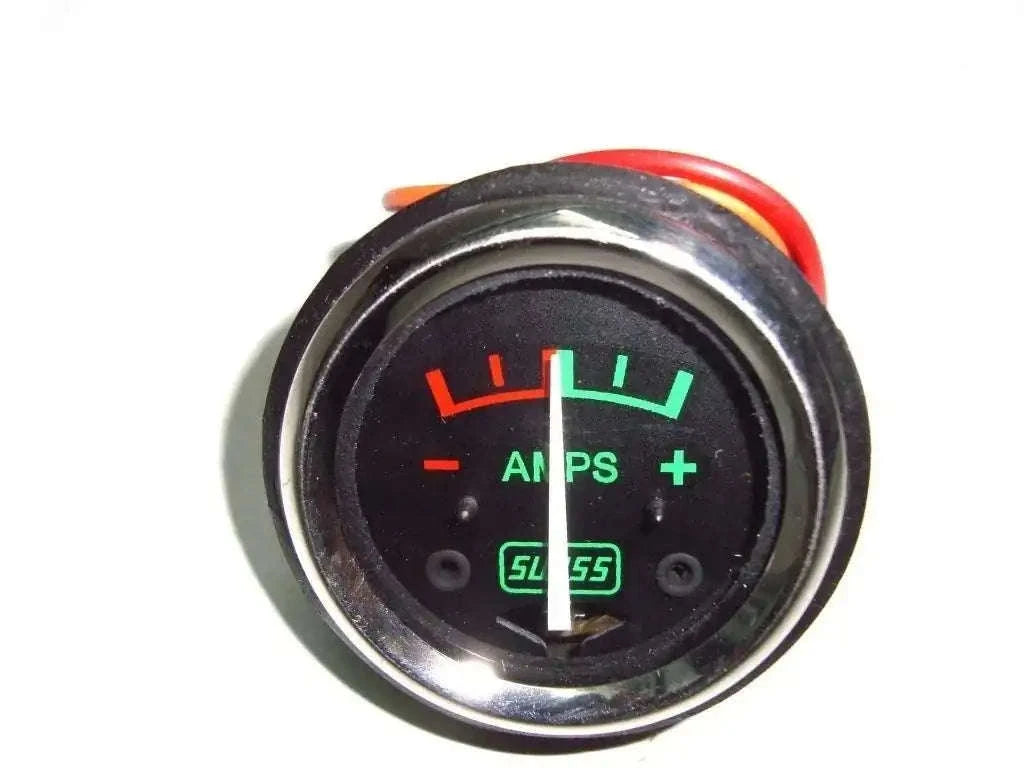 Round analog ammeter gauge with red and green scale, plus and minus terminals