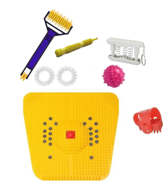 Yellow acupressure massage board with dotted pattern and central red square
