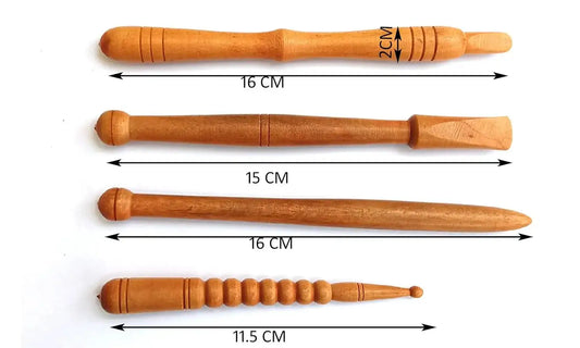 Wooden acupressure stick set of 4, brown, rounded tip and ridges
