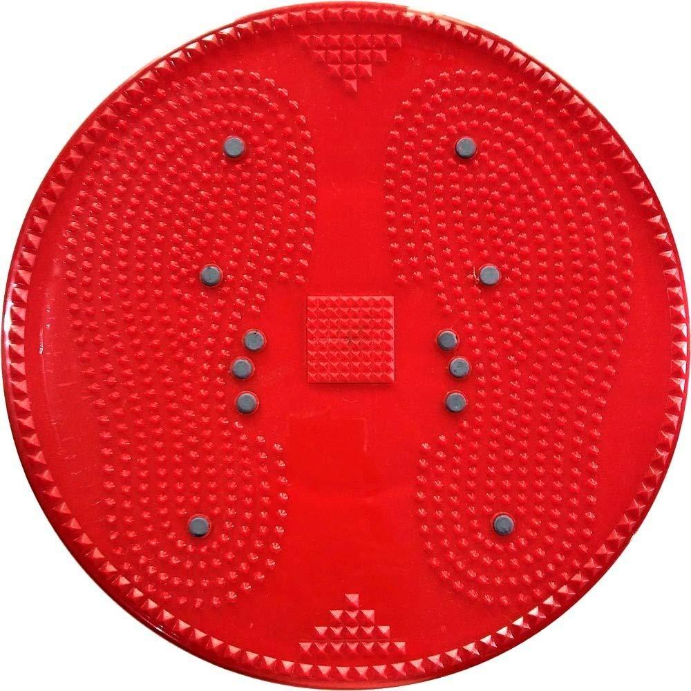 Red circular acupressure mat disc with raised bumps and gray grip studs