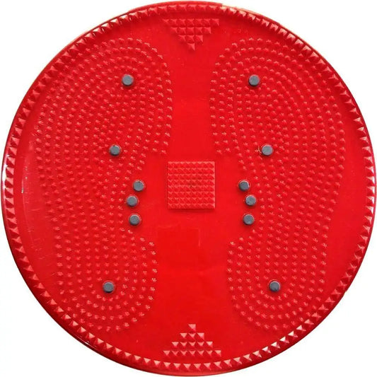 Red circular acupressure mat disc with raised bumps and gray grip studs