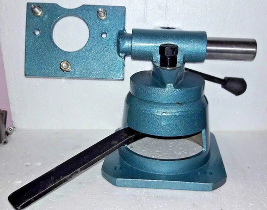 Blue metal swivel vise base with rotary clamp head and lever arm