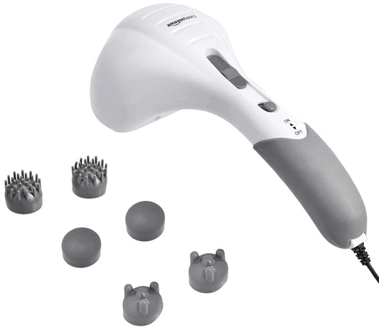 Double-head body massager with hammer-style tips and multiple massage heads
