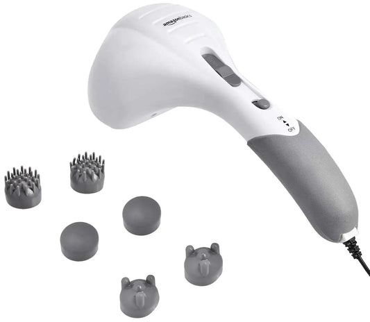 Double-head body massager with hammer-style tips and multiple massage heads