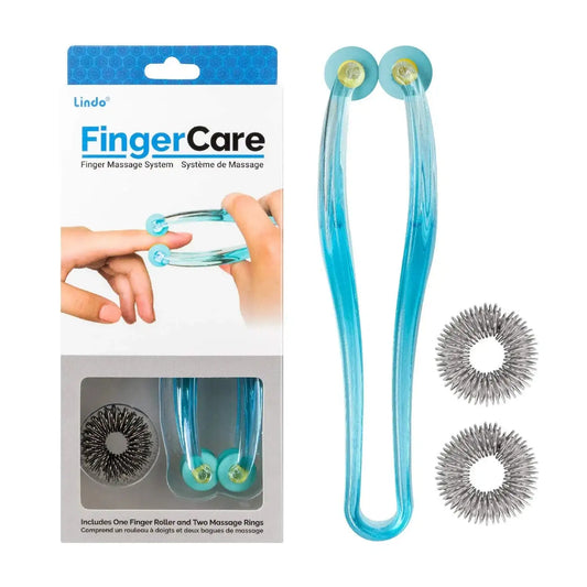 Lindo FingerCare finger massage roller with two blue rings and two metal acupressure pads