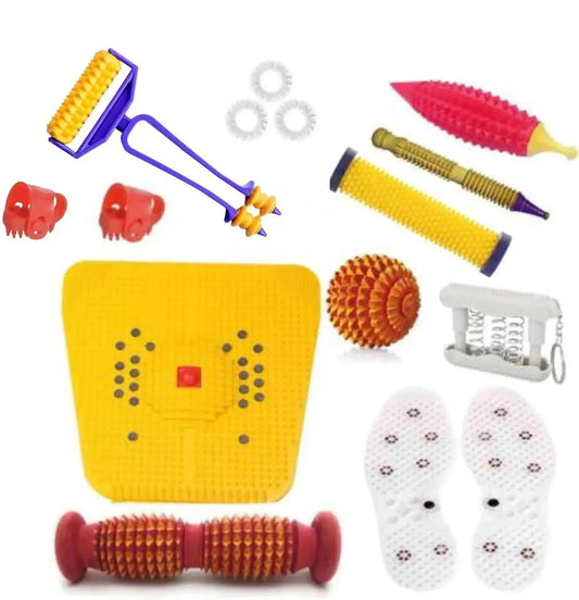 Acupressure mat kit with yellow square mat, orange rollers, and white foot pads