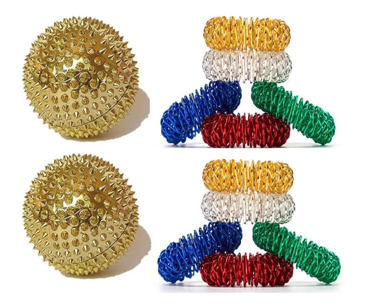 Acupressure magnetic ball and finger massager kit with gold spiked balls and colorful rings
