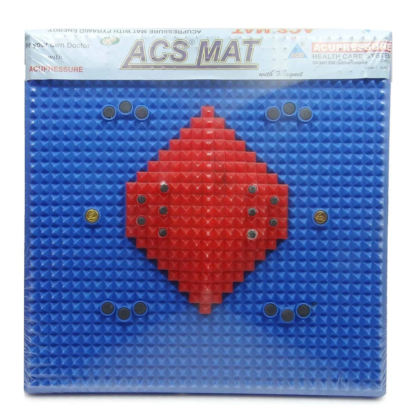Acupressure mat with red center pad and copper-tone pressure nodes, blue cover
