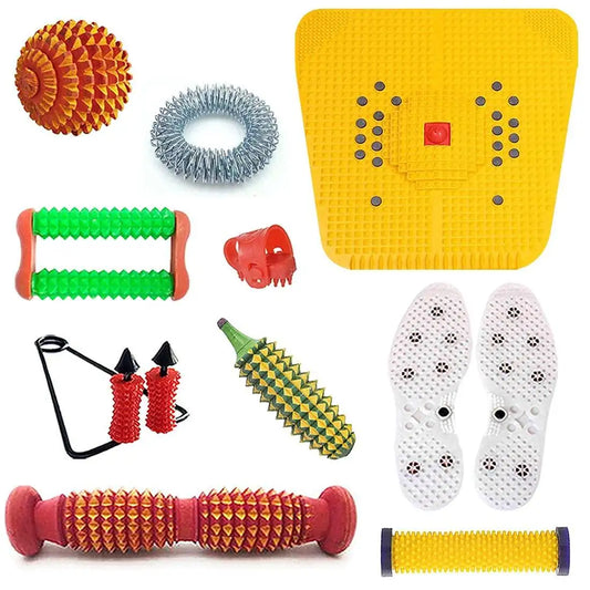 Acupressure massager tool combo kit with yellow board, rollers, spiked rings, and foot pads