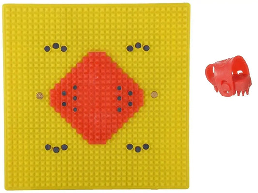 Yellow acupressure therapy mat with red pyramidal pad and blue dot pattern
