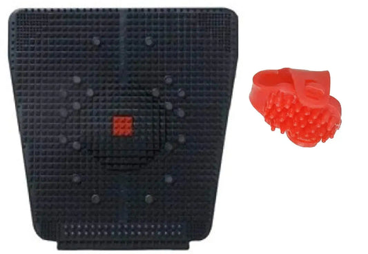 Acupressure mat with dark stud pads and red thumb roller massager