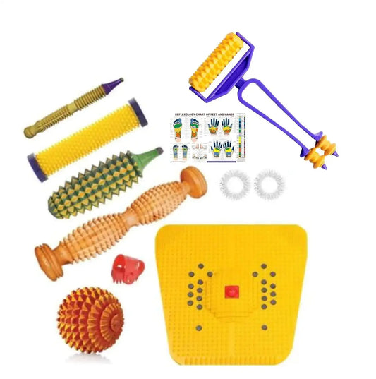 Yellow acupressure massage mat and roller tools kit with spiky rollers and balls