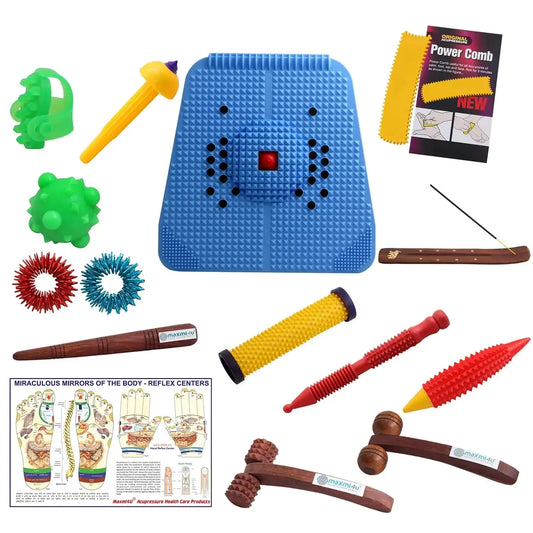 Blue acupressure mat with raised massage spikes for foot and body