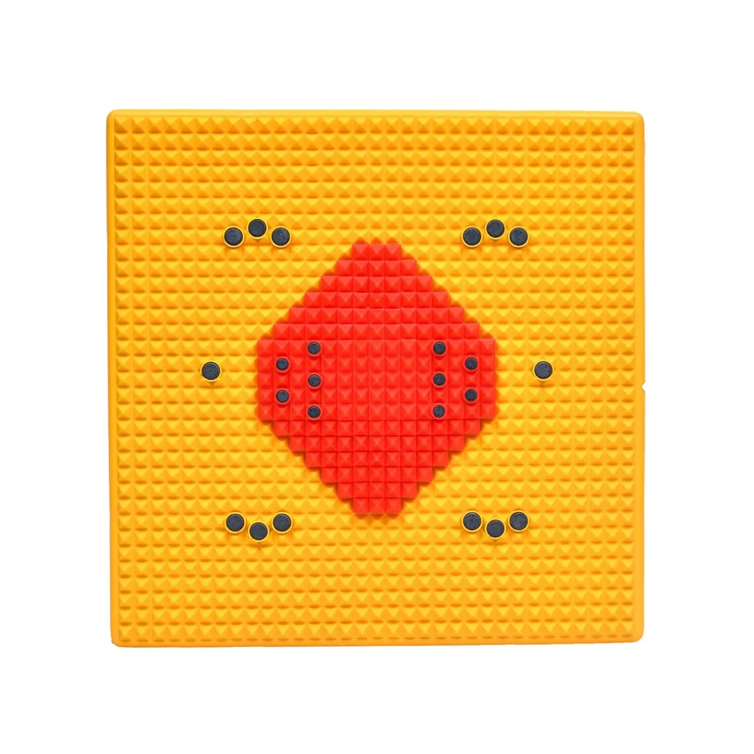 Acupressure mat with red diamond insert and blue nodules on yellow surface