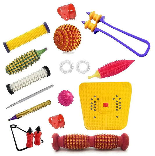 Acupressure massager tools kit with yellow pad, red roller, spiked balls, gloves and tools