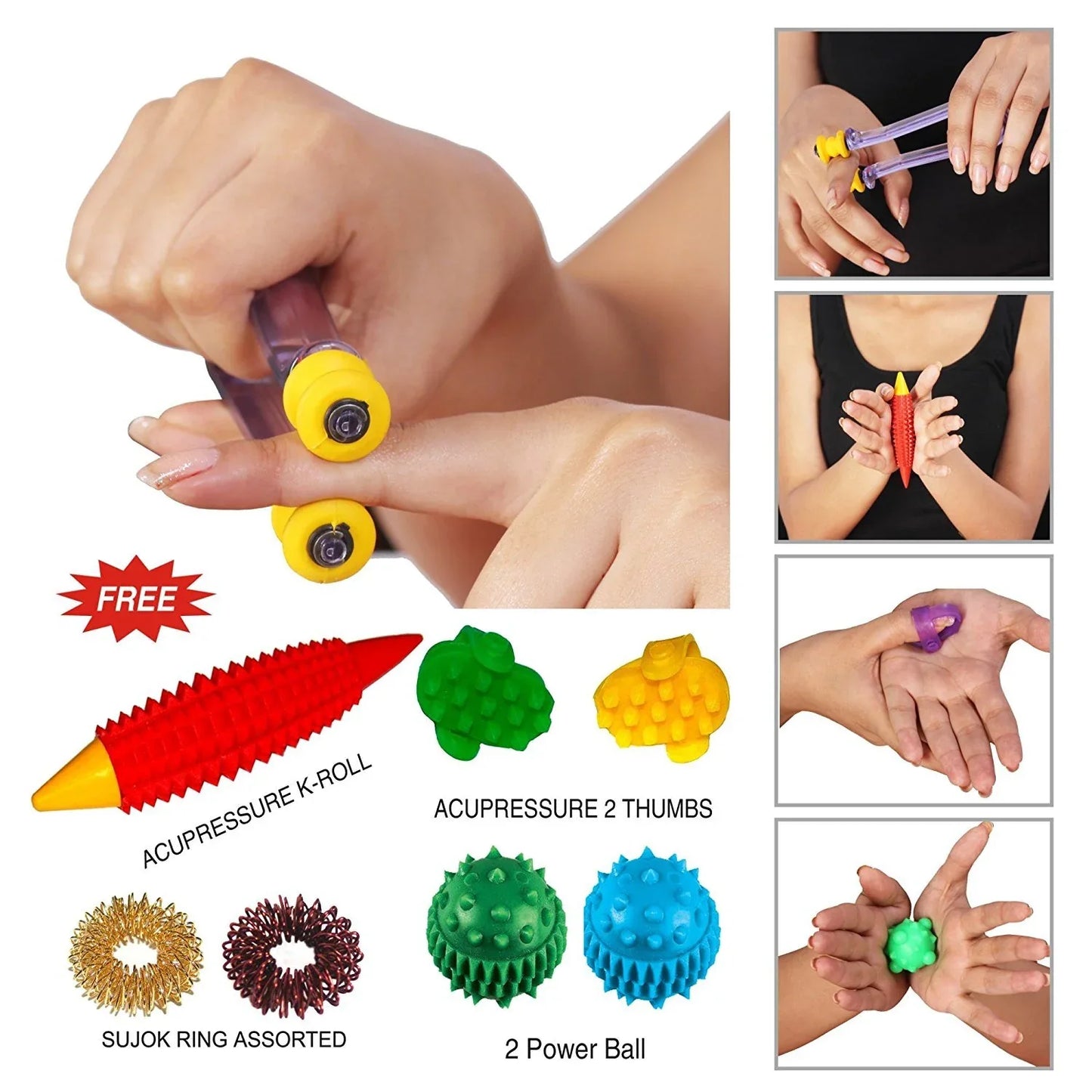 Acupressure finger massager set with yellow sujok rings and power balls
