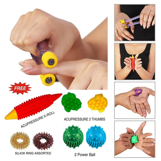 Acupressure finger massager set with yellow sujok rings and power balls
