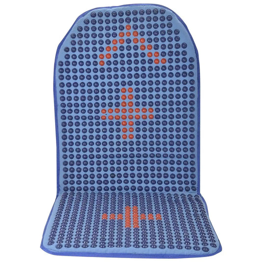 Acupressure car seat cushion pad with blue dot grid and red accents