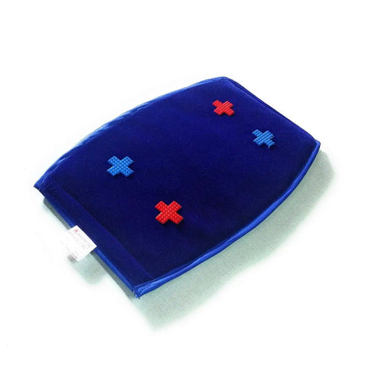 Blue velvet acupressure belt with red and blue magnetic cross pads