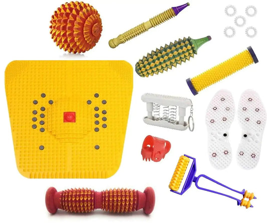 Acupressure massager kit with yellow back pad, rollers, gloves, and foot inserts
