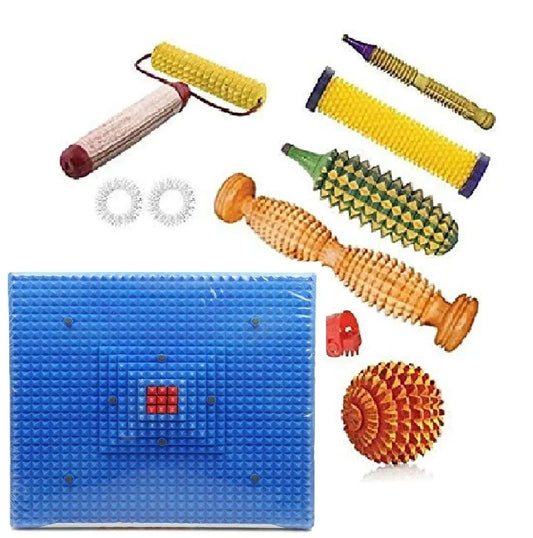 Acupressure stress mat and wooden foot rollers set with spiky ball, blue mat