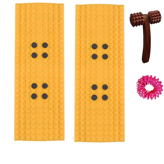 Yellow acupressure power mat pair with dark magnet dot pattern and pink spiky massage ball