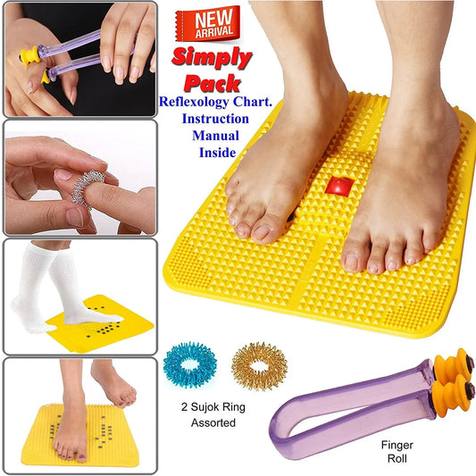 Yellow acupressure mat with raised spike points, shown under bare feet