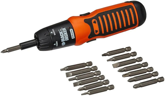 Battery-powered screwdriver with orange-and-black handle and multiple bit attachments