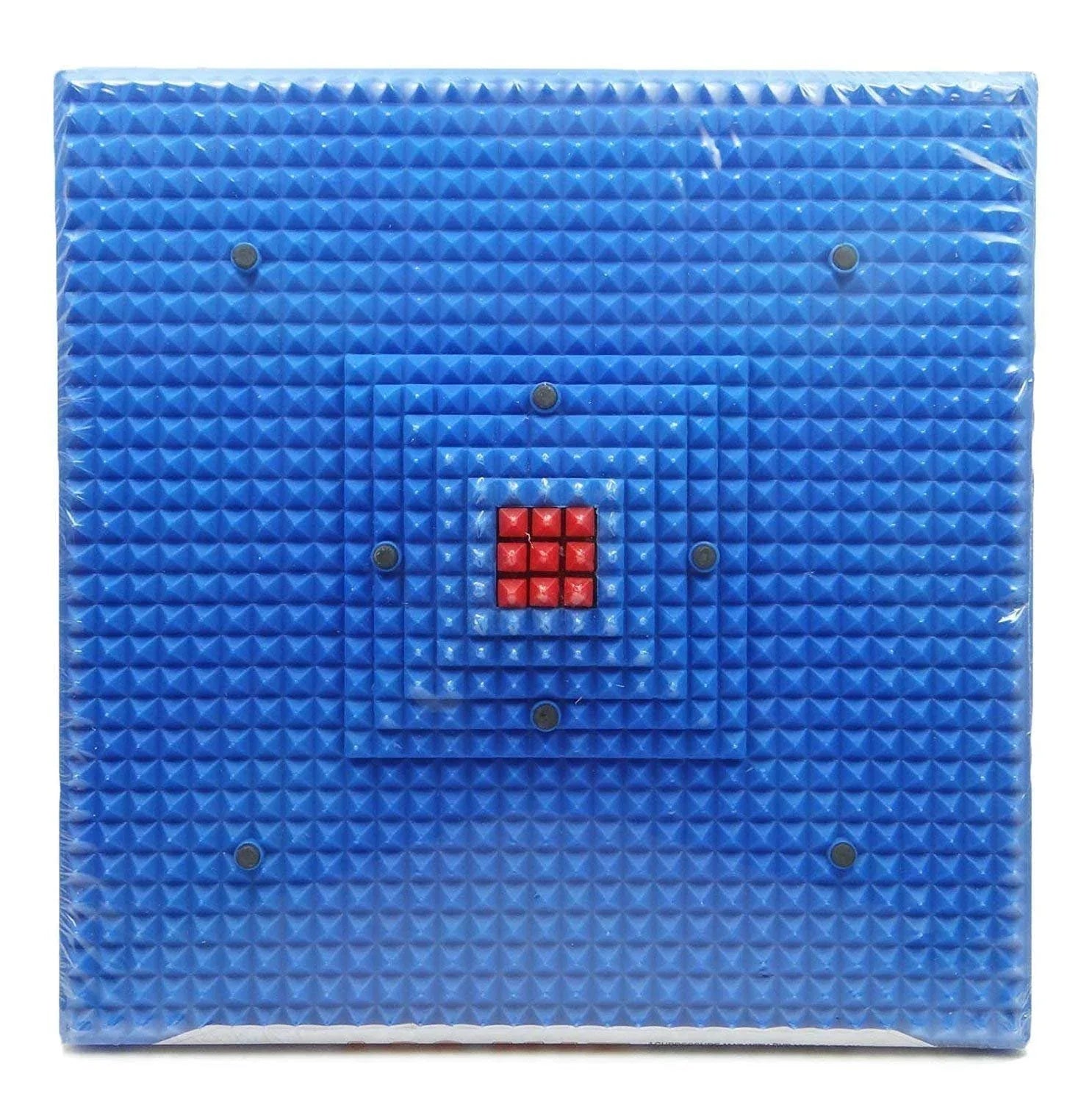 Blue acupressure reflexology foot mat with textured bumps and red magnetic center