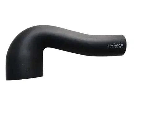 Black rubber water hose elbow fitting with curved bend and embossed code