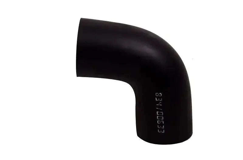 Black hose elbow fitting with embossed code on the curved section