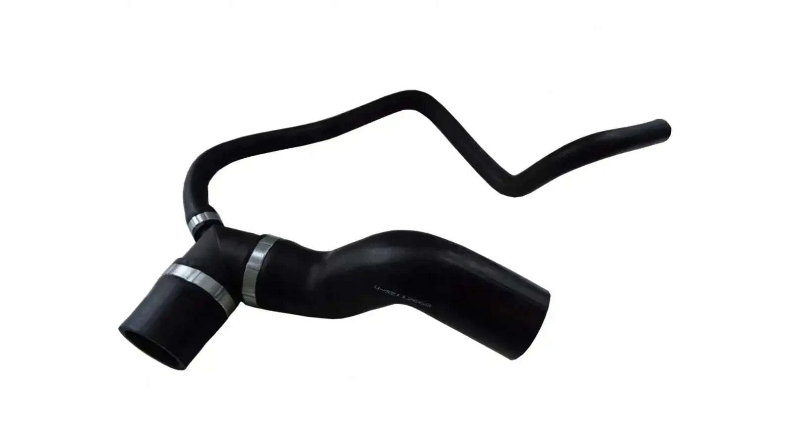 Black radiator hose with curved rubber sections and metal clamp ends