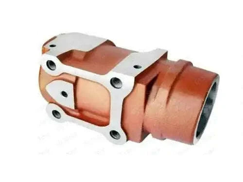 Hydraulic lift cylinder with mounting bracket and bolt holes, rust-orange metal body