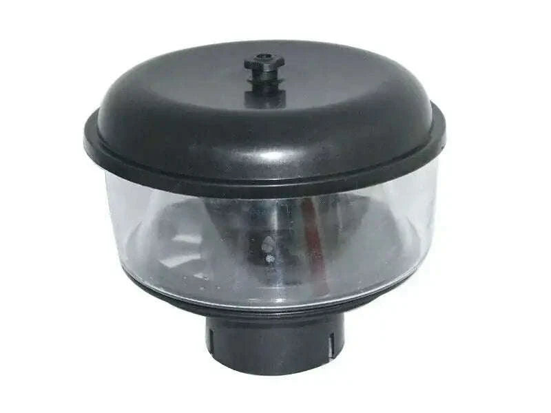 Air cleaner bowl assembly with clear cover and dark housing, central mounting stud