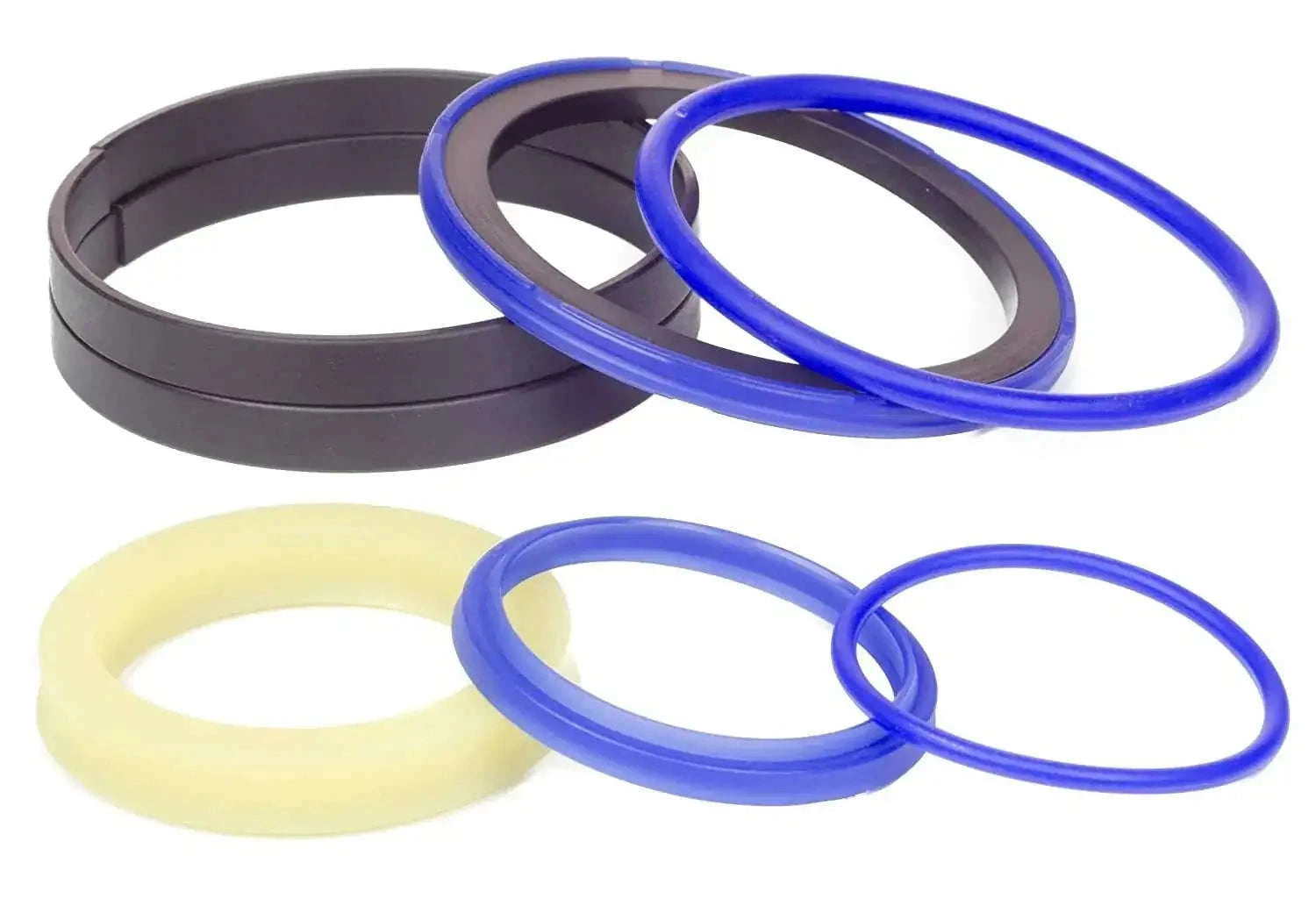 Hydraulic bucket cylinder seal kit with black, blue, and yellow sealing rings
