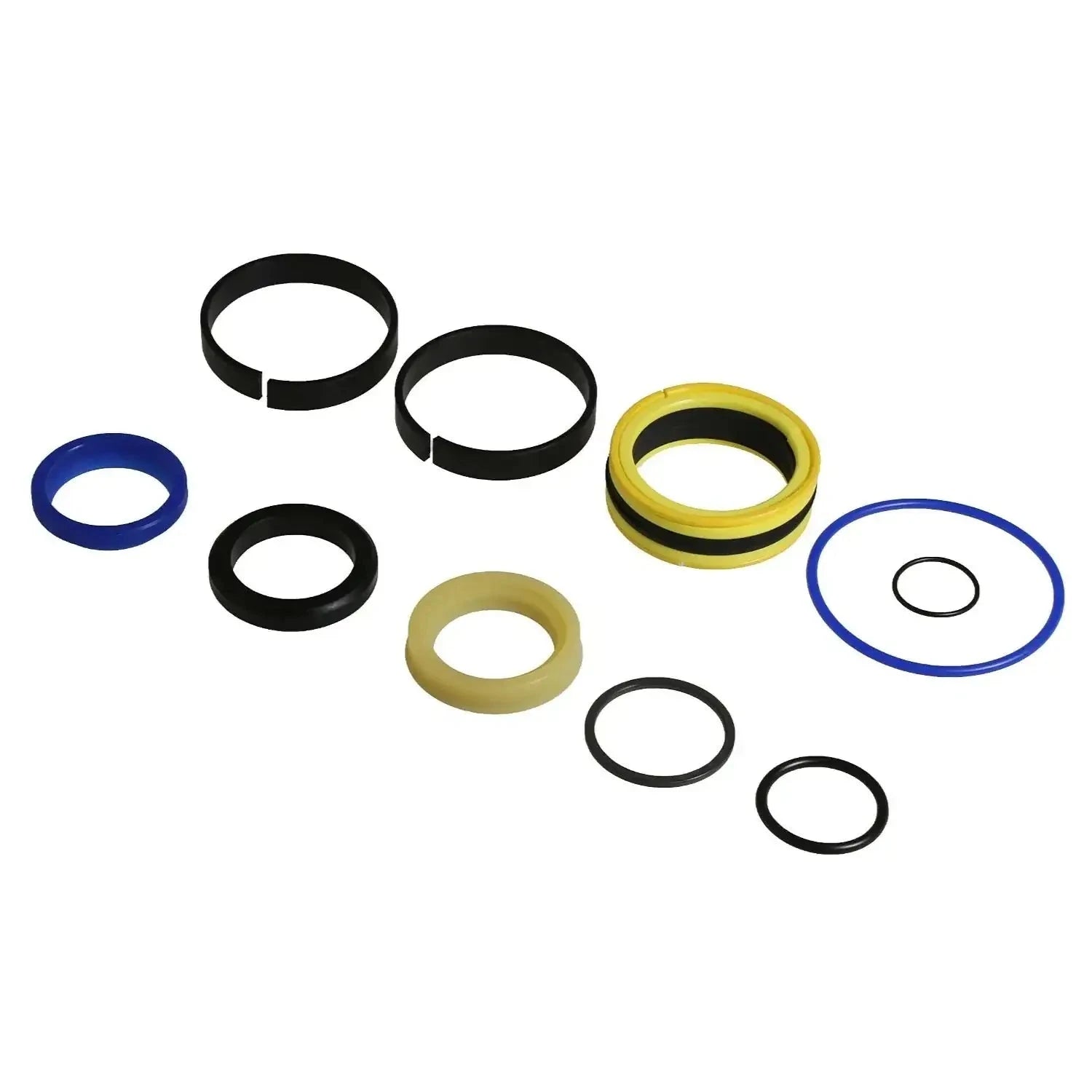 Seal kit with assorted O-ring gaskets and seals in black, yellow, blue, and tan
