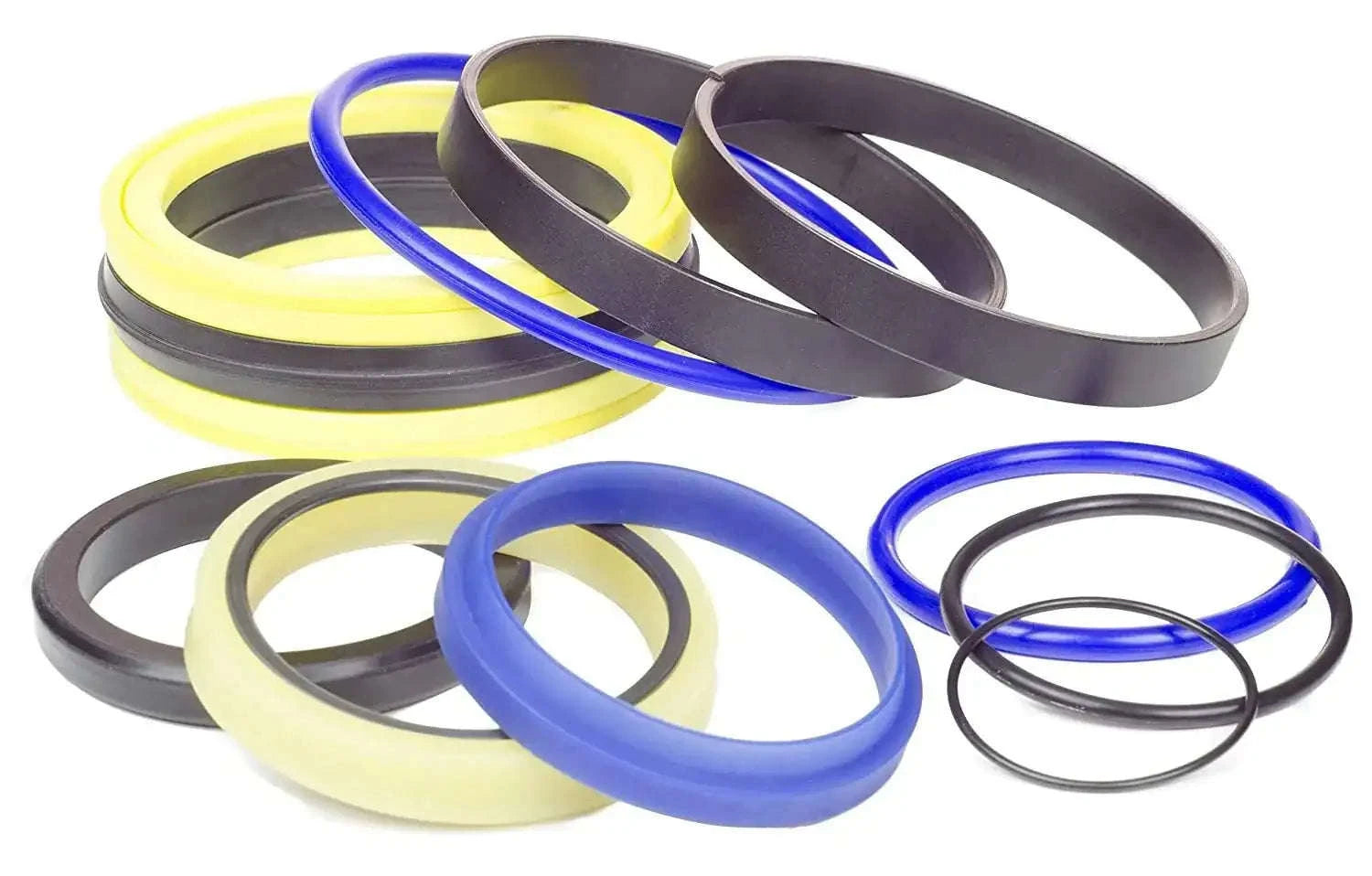 Hydraulic cylinder seal kit with multiple rubber O-rings and seal rings, blue, black, yellow