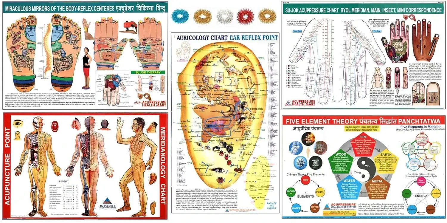 Set of 5 acupressure charts with diagrams and rings