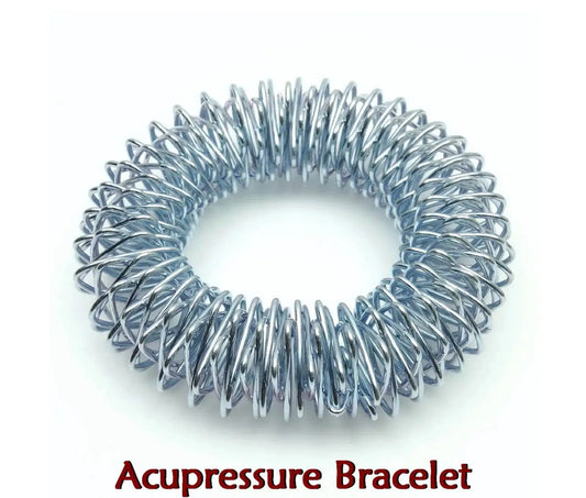 Acupressure bracelets set featuring a shiny silver coil design for therapeutic use