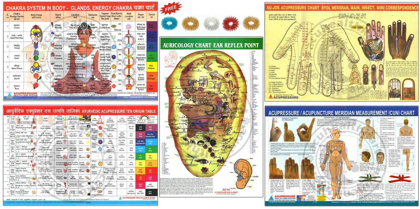 ACUPRESSURE charts displaying body chakra systems and meridian points for holistic healing