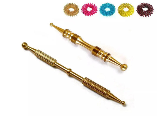 Acupressure diagnostic probe set including two gold probes and colorful free rings