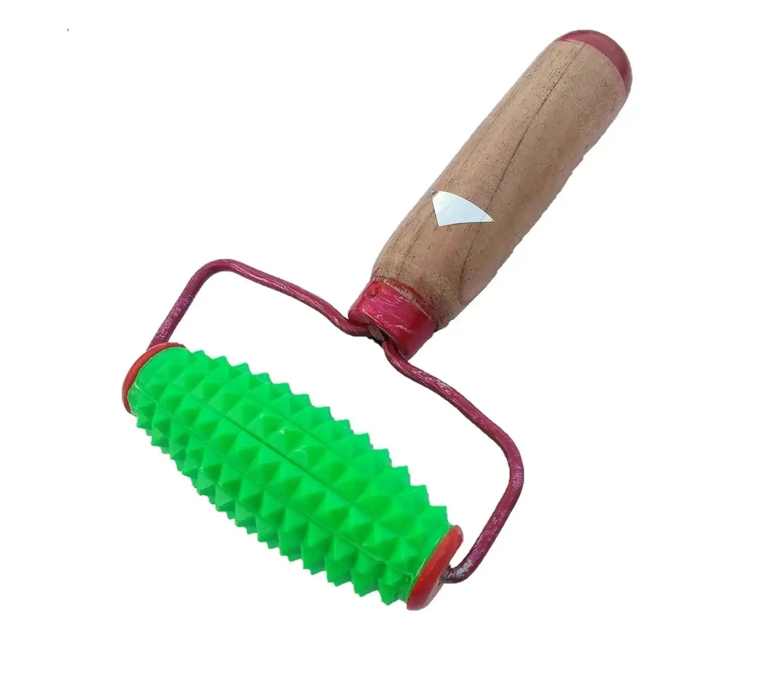 Acupressure face massage roller featuring green spiked drum and wooden handle