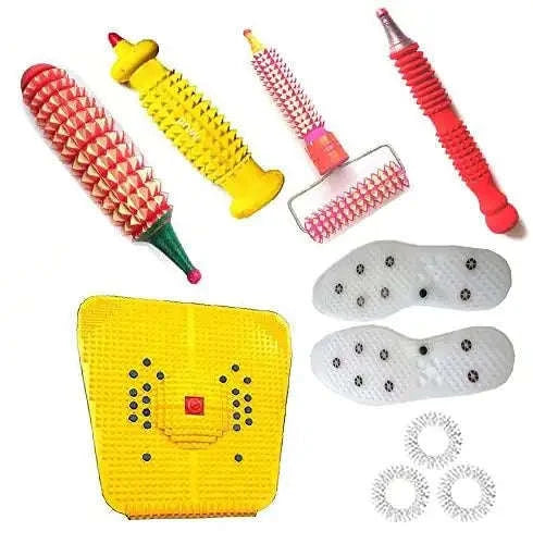 Acupressure feet mat set featuring foot pad and hand acupuncture tools