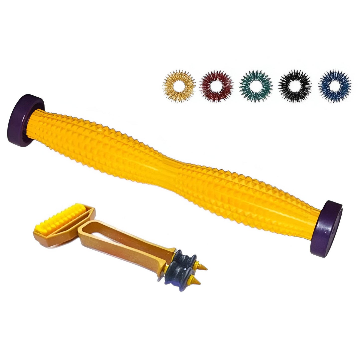 ACUPRESSURE foot roller with a yellow ergonomic design and two massager rollers