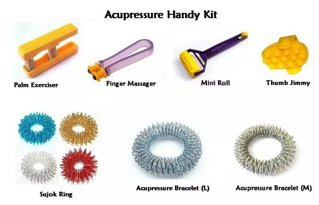 Acupressure Hand Massager Kit featuring palm exerciser, finger massager, mini roll, thumb jimmy, and bracelets