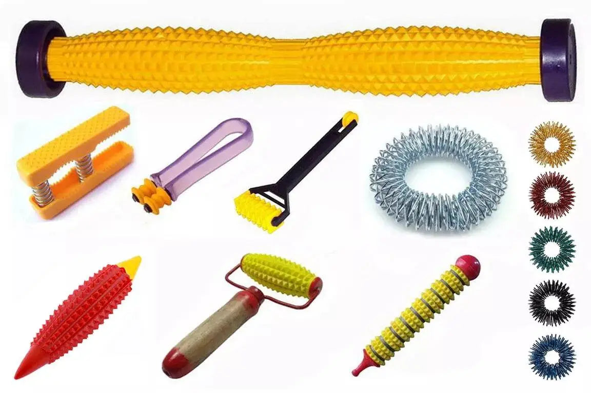 9-in-1 acupressure health kit featuring various massage tools for pain relief and relaxation