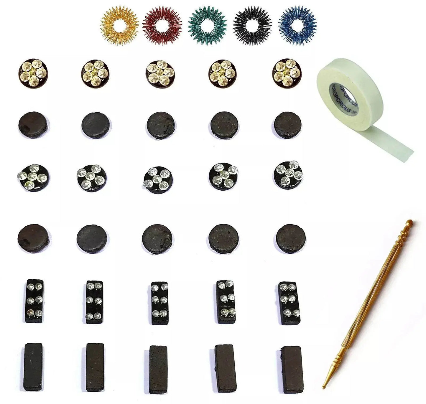 ACUPRESSURE magnet kit including cluster round magnets, bar magnets, micropore tape, and application tool