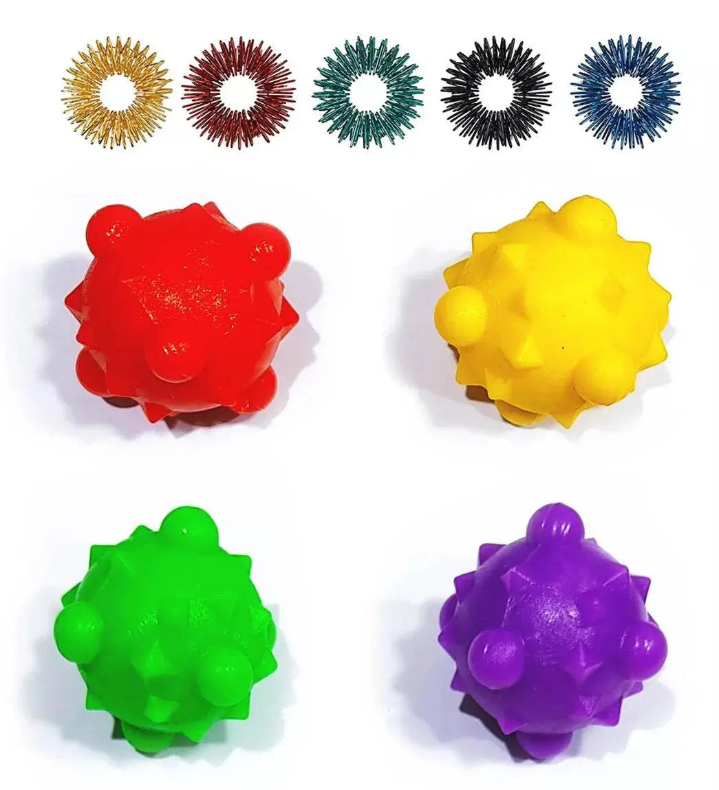 Acupressure massage balls set featuring colorful textured balls and Sujok rings for pain relief and relaxation