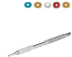 Silver acupressure massager tool with pointed tip and textured grip